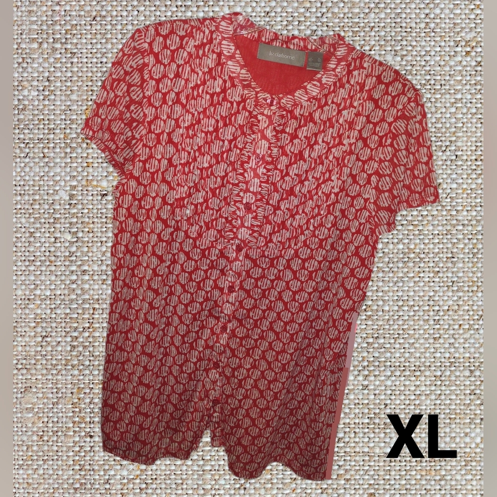 Liz Claiborne Short Sleeve Blouse Poppy Red & White
